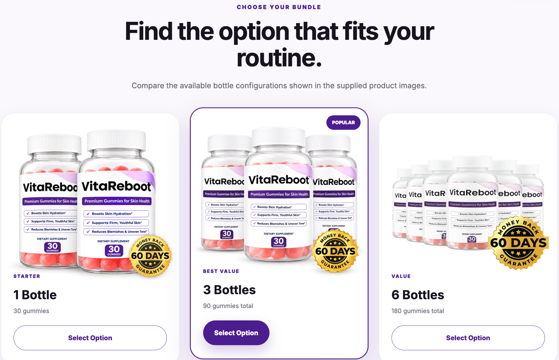Supplied Vita Reboot Gummies bundle comparison artwork showing one-, three- and six-bottle option labels