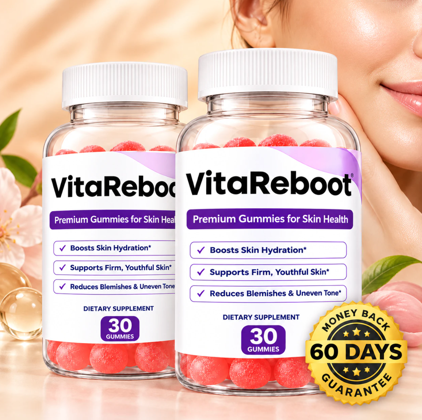 Vita Reboot Gummies bottles with red gummies, purple skin-health labels and a 60-day guarantee badge