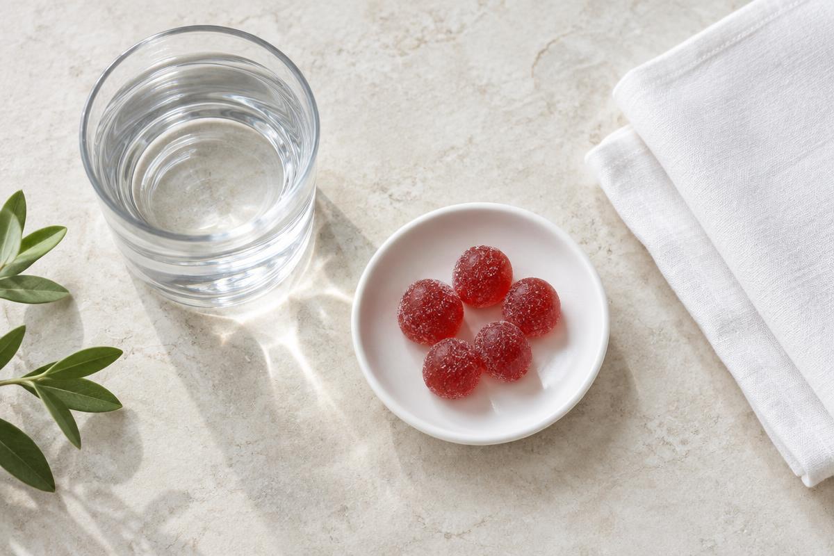 Illustrative red gummies beside a glass of water and white linen