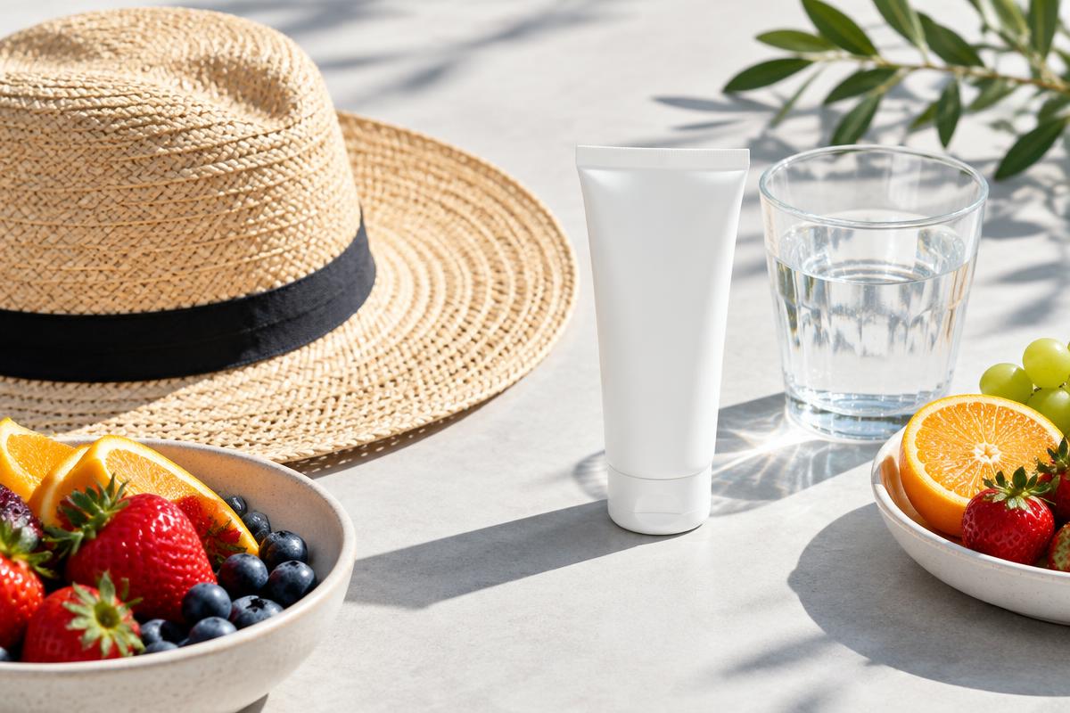 Illustrative everyday skin-care essentials with an unbranded sunscreen tube, sun hat, water and fruit